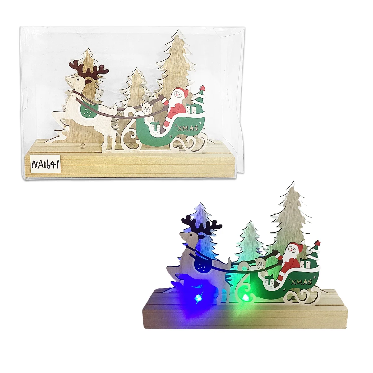 ADORNO NAVIDEÑO DE MADERA CON LUZ EN ACETATO