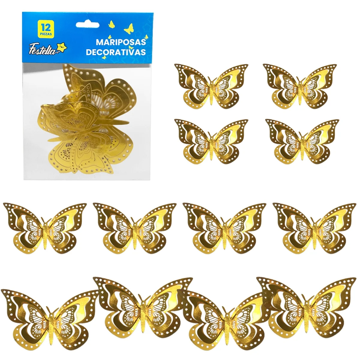 MARIPOSA DECORATIVA DORADA X12 (PQTX12)