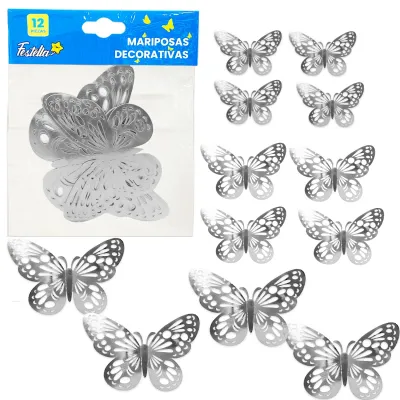 MARIPOSA DECORATIVA PLATEADA X12 (PQTX12)
