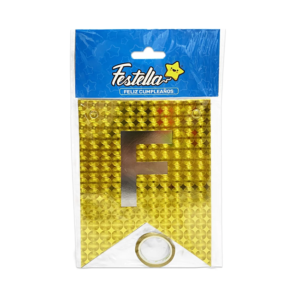 BANDERIN FELIZ CUMPLEAÑOS HOLOGRAMA DORADO (PQTX12)