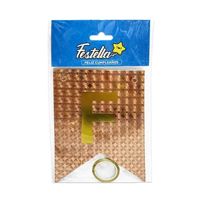 BANDERIN FELIZ CUMPLEAÑOS HOLOGRAMA PALO ROSA (PQTX12)