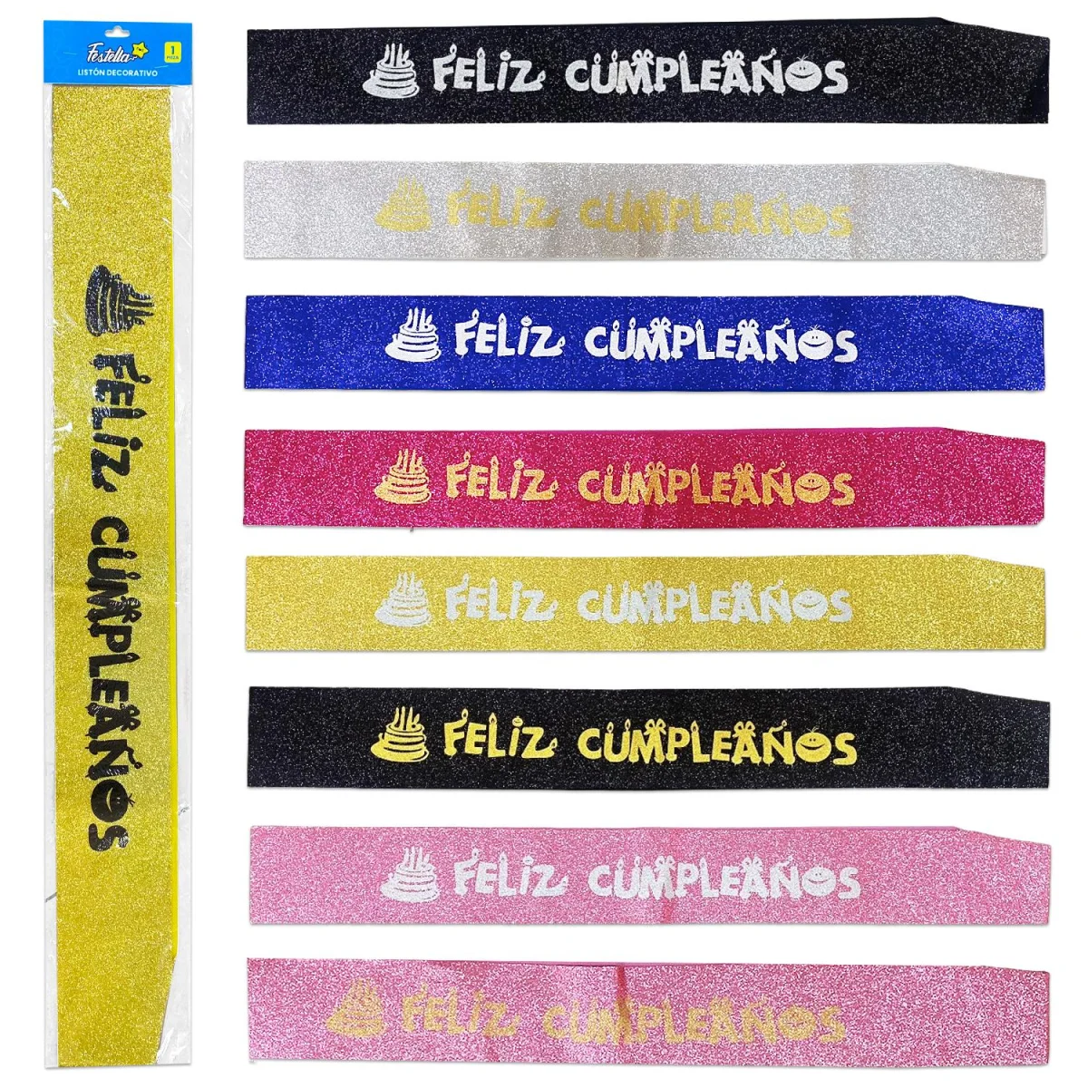 LISTON ESCARCHADO FELIZ CUMPLEAÑOS (PQTX12)