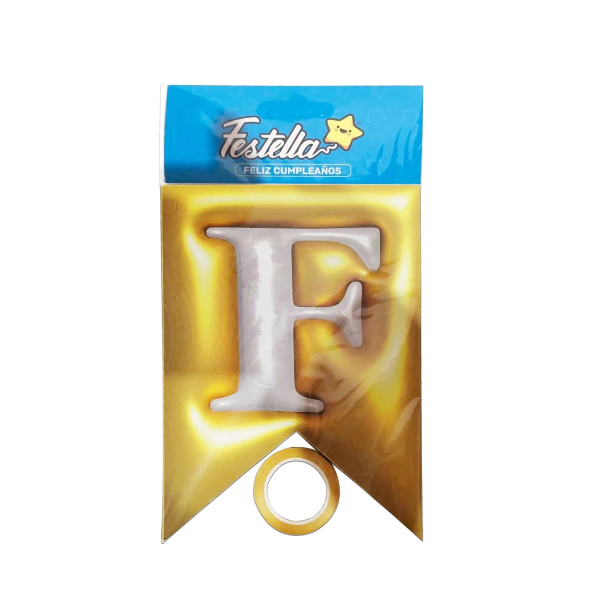 BANDERIN FELIZ CUMPLEAÑOS TIPO 3D DORADO (PQTX12)
