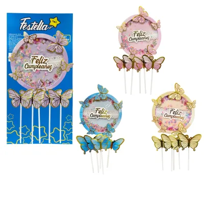 ADORNO MARIPOSA FELIZ CUMPLEAÑOS PARA PASTEL X4PCS (PQTX12)