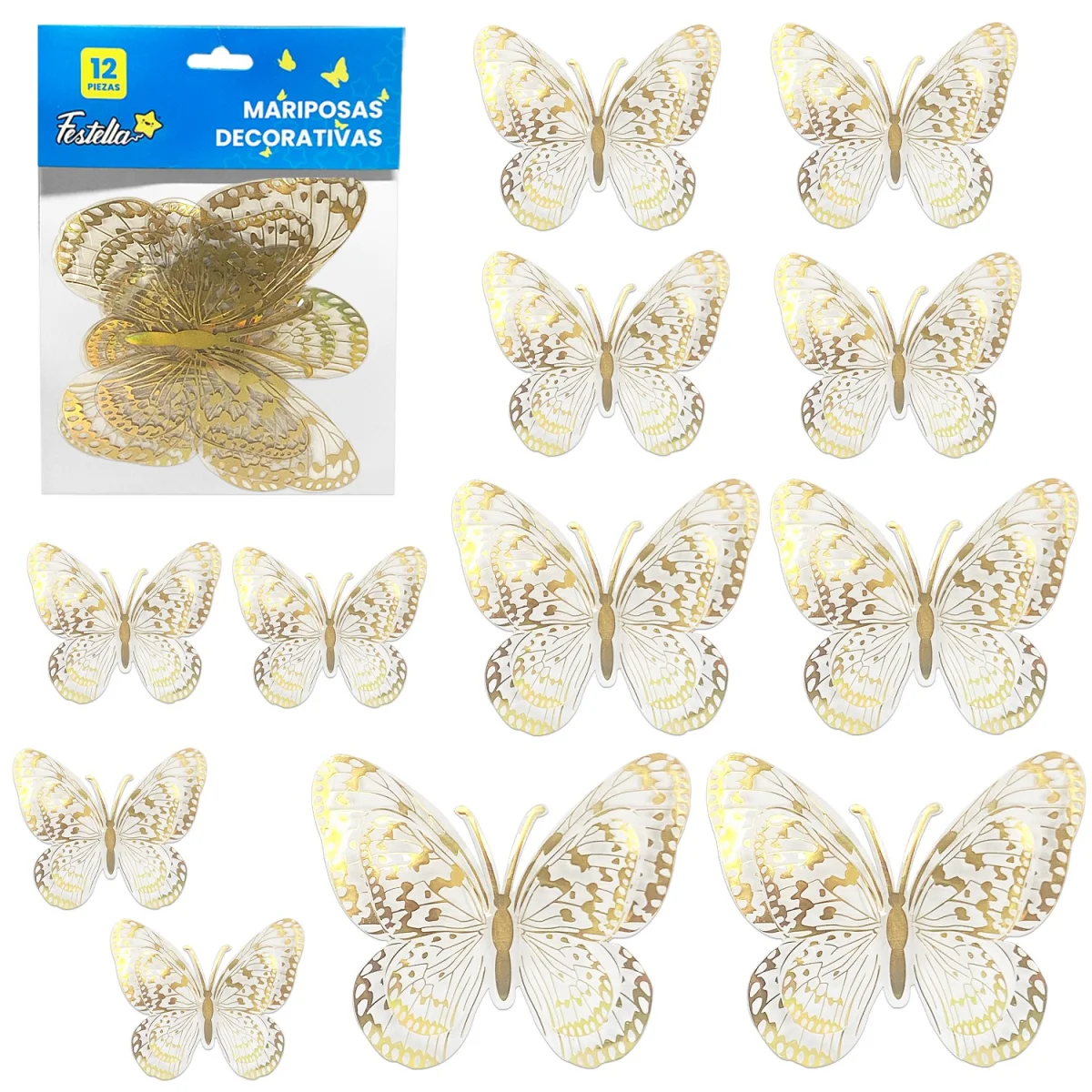 MARIPOSA DECORATIVA DORADA X12 (PQTX12)