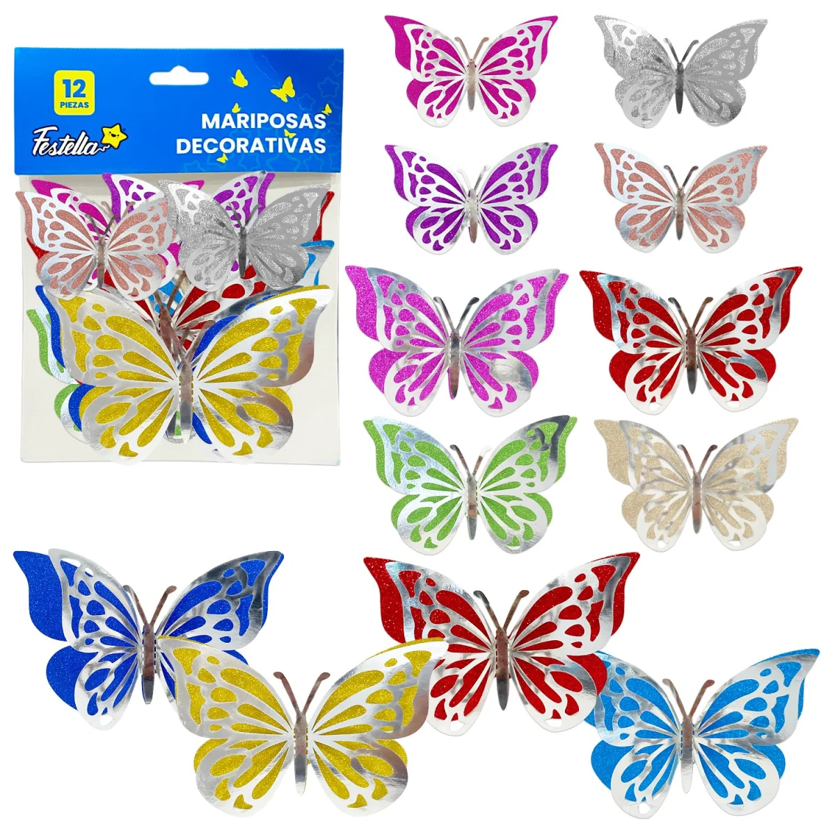 MARIPOSA DECORATIVA BRILLANTE PLATEADA X12 (PQTX12)