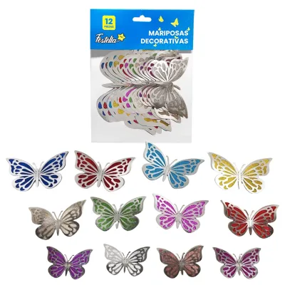 MARIPOSA DECORATIVA BRILLANTE PLATEADA X12 (PQTX12)