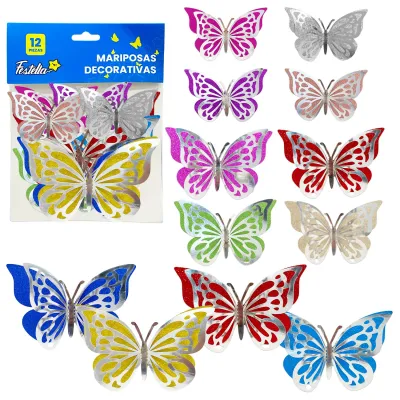 MARIPOSA DECORATIVA BRILLANTE PLATEADA X12 (PQTX12)