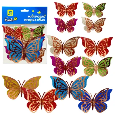 MARIPOSA DECORATIVA BRILLANTE PALO ROSA (PQTX12)