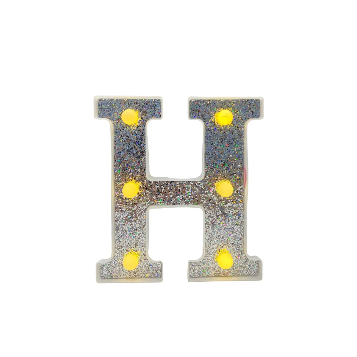 LAMPARA DE LETRA H 16CM FONDO PLATEADO BRILLANTE LUZ CALIDA