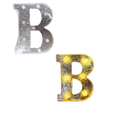 LAMPARA DE LETRA B 21.8CM FONDO PLATEADO BRILLANTE LUZ CALIDA