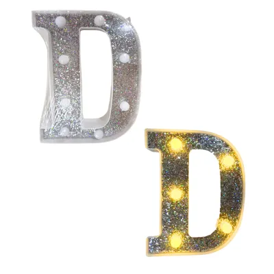 LAMPARA DE LETRA D 21.8CM FONDO PLATEADO BRILLANTE LUZ CALIDA