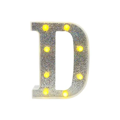 LAMPARA DE LETRA D 21.8CM FONDO PLATEADO BRILLANTE LUZ CALIDA