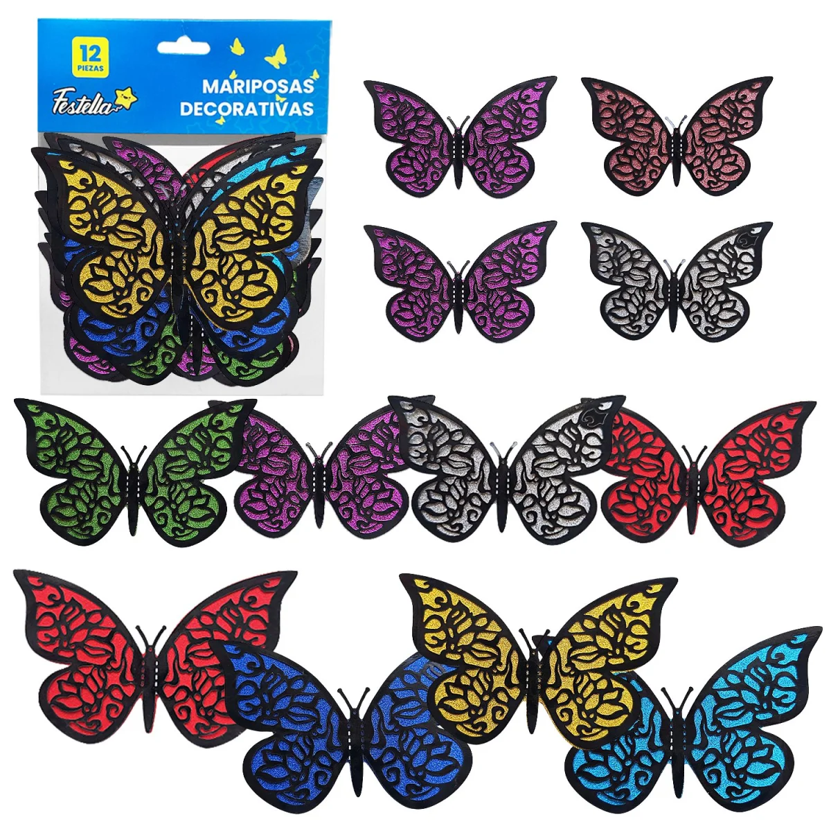 MARIPOSA DECORATIVA SURTIDA X12 (PQTX12)