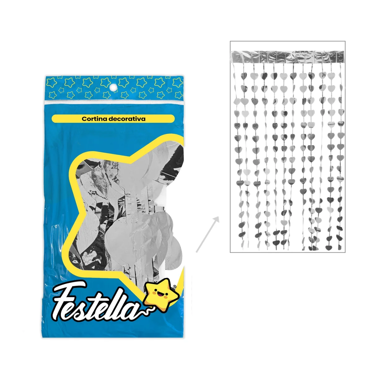 CORTINA DE FIESTA CORAZON PLATEADA 2*1M (PQTX12),