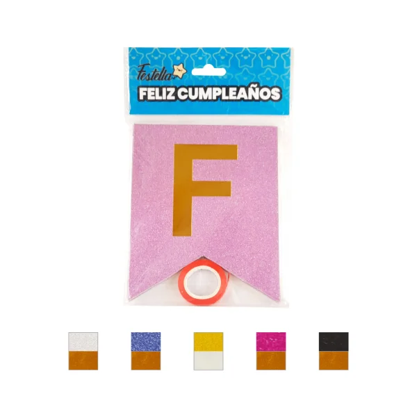 BANDERIN FELIZ CUMPLEAÑOS ESCARCHADO DORADO (PQTX12)