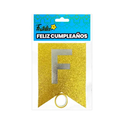 BANDERIN FELIZ CUMPLEAÑOS ESCARCHADO DORADO (PQTX12)