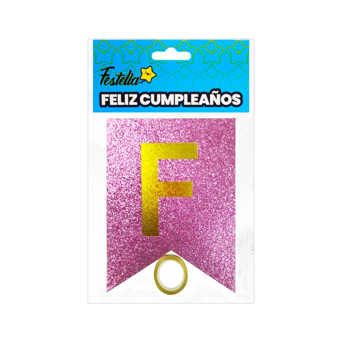 BANDERIN FELIZ CUMPLEAÑOS ESCARCHADO ROSADO (PQTX12)
