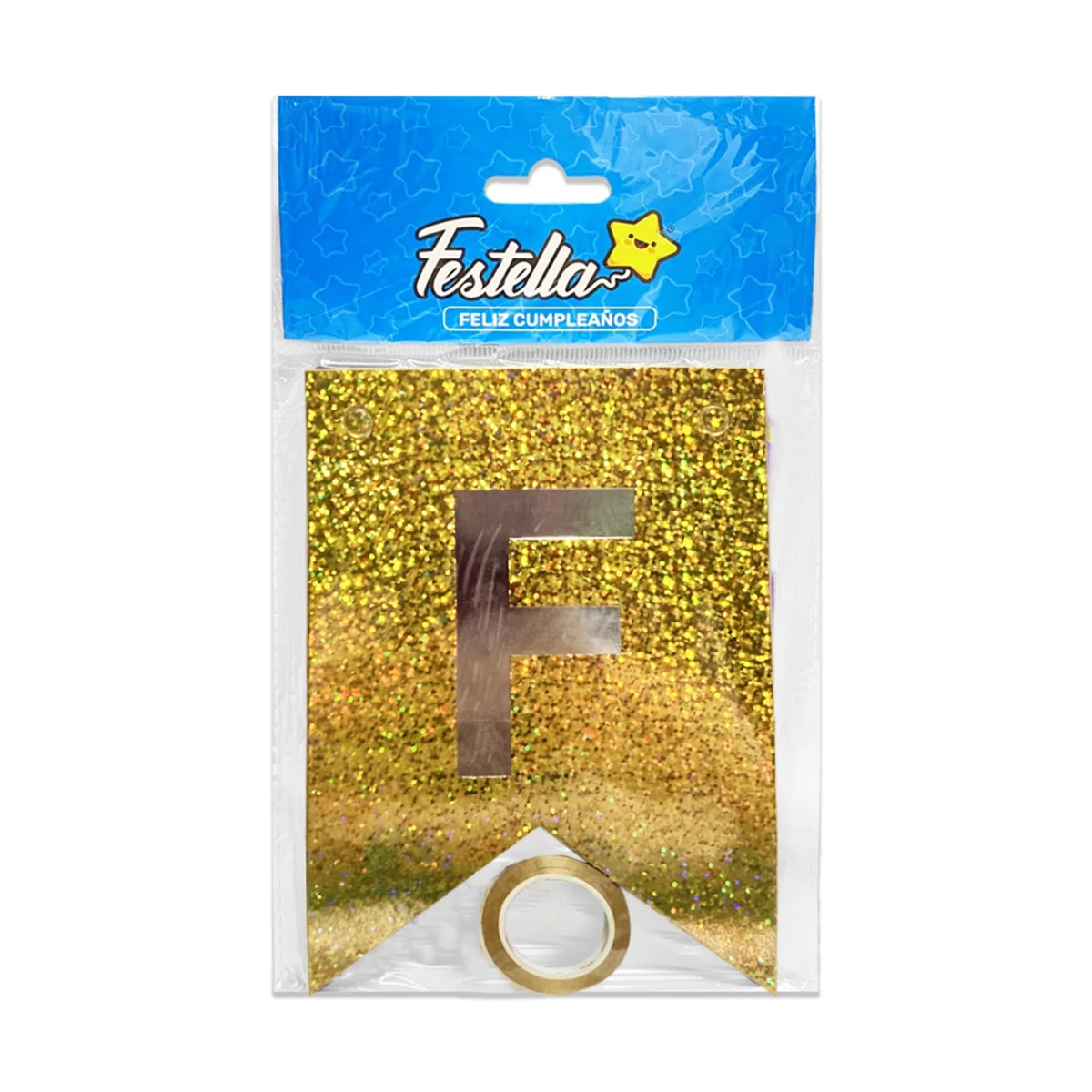 BANDERIN FELIZ CUMPLEAÑOS HOLOGRAMA DORADO (PQTX12)