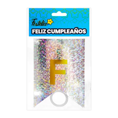 BANDERIN FELIZ CUMPLEAÑOS HOLOGRAMA PLATEADO (PQTX12)