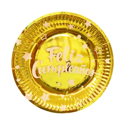 PLATO DE FIESTA FELIZ CUMPLEAÑOS X10 DORADO
