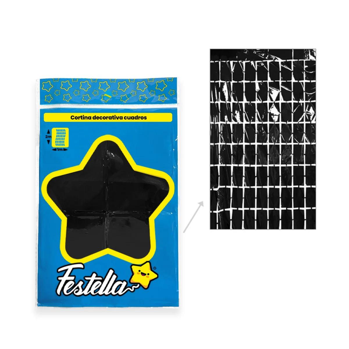 CORTINA DE FIESTA ESPEJO CUADRO GD NEGRA 1*2M (PQTX12)