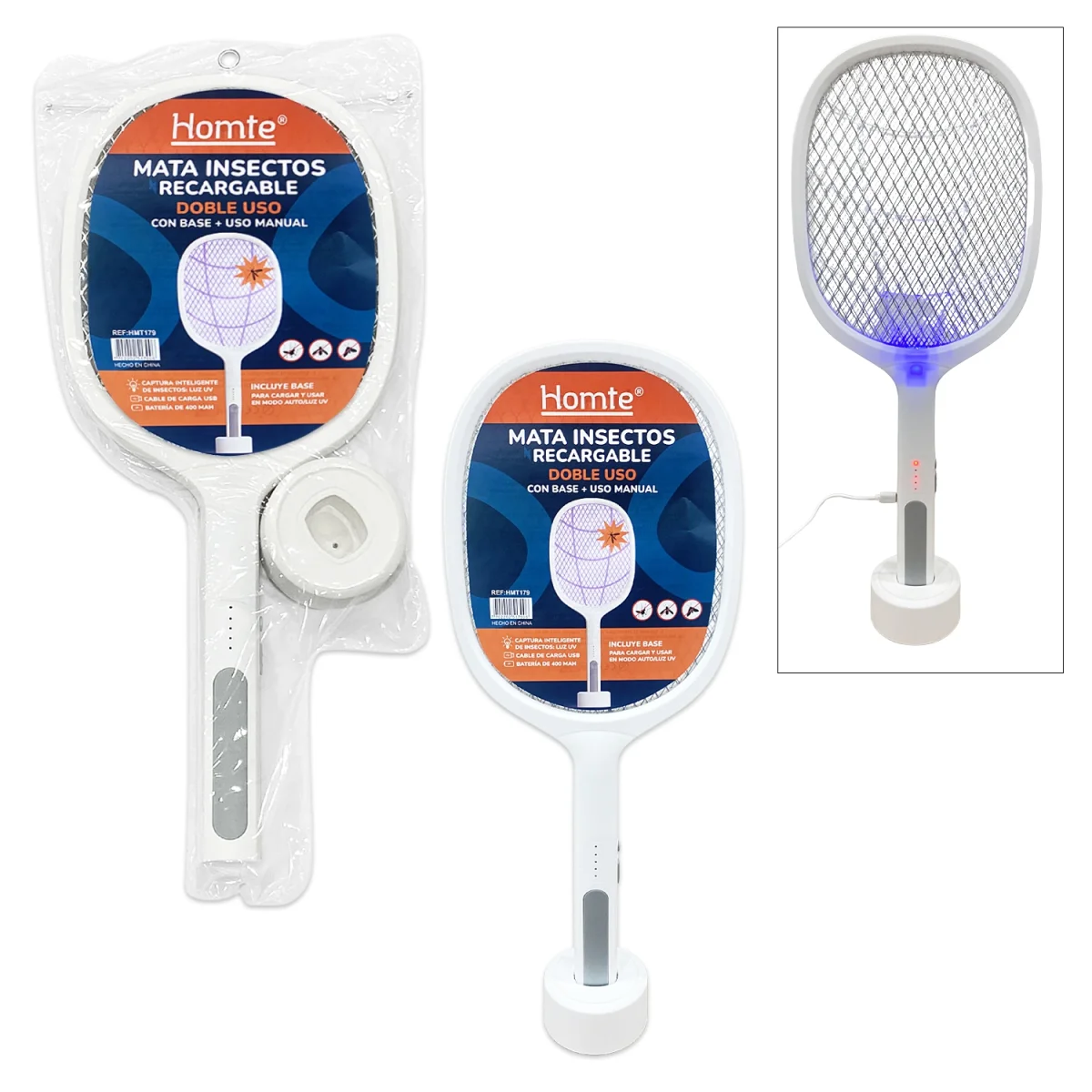 RAQUETA MATA INSECTOS 2 MODOS CON BASE (USB)