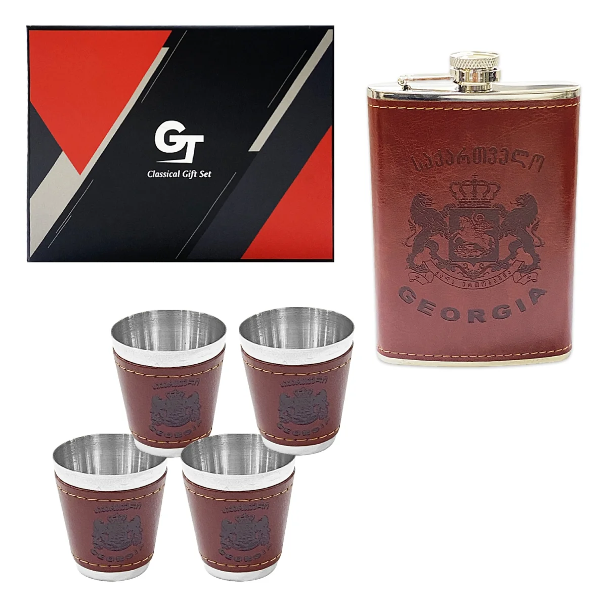 SET LICORERA CANTIMPLORA MARRON 256ML CON COPAS EN CAJA:
