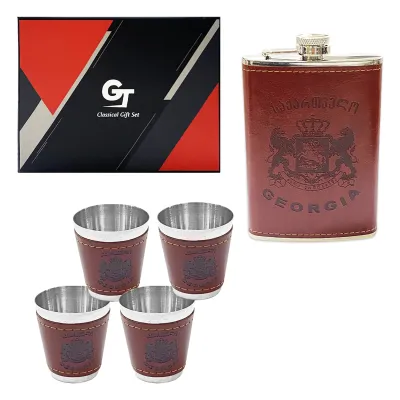 SET LICORERA CANTIMPLORA MARRON 256ML CON COPAS EN CAJA: