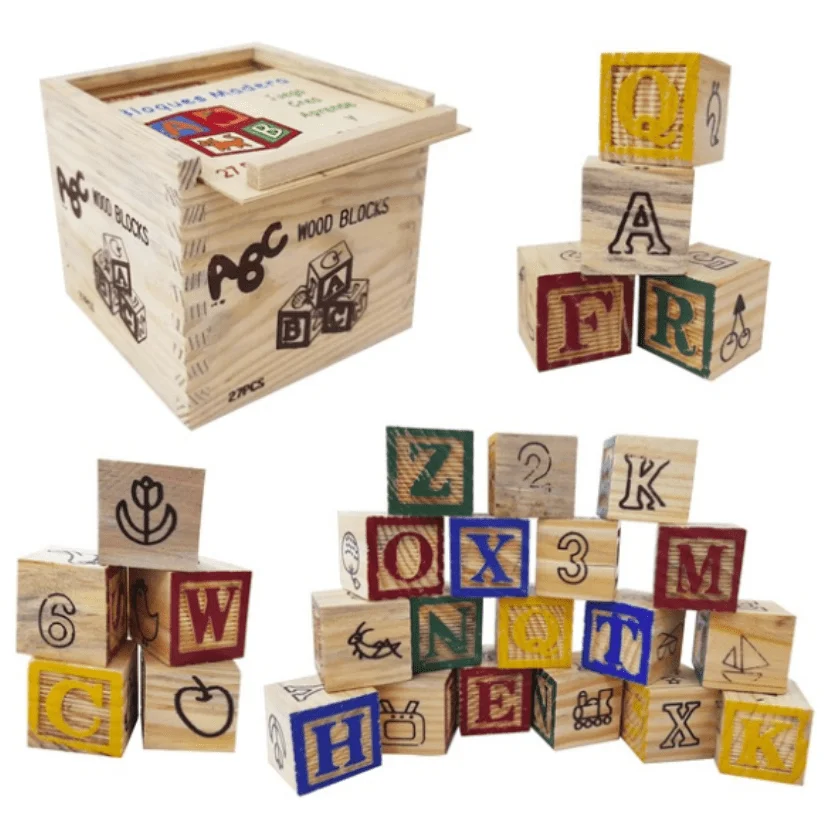 CAJA JUEGO DIDACTICO BLOQUES DE MADERA X27 PIEZAS