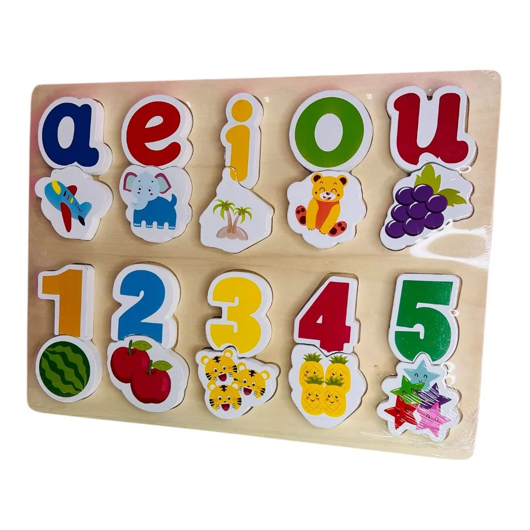 TABLA JUEGO DIDACTICO VOCALES NUMEROS ANIMALES Y FRUTAS MADERA