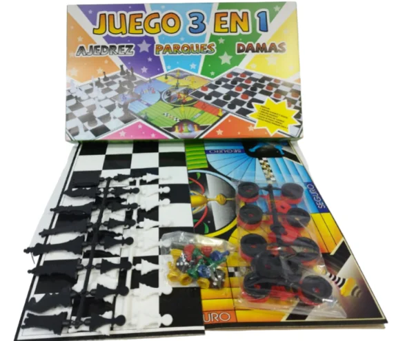 CAJA JUEGO DE MESA 3 EN 1 AJEDREZ PASQUES DAMAS CARTON
