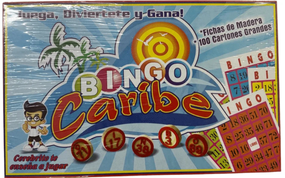 CAJA JUEGO DE MESA BINGO CARIBE FICHAS DE MADERA 100 CARTONES