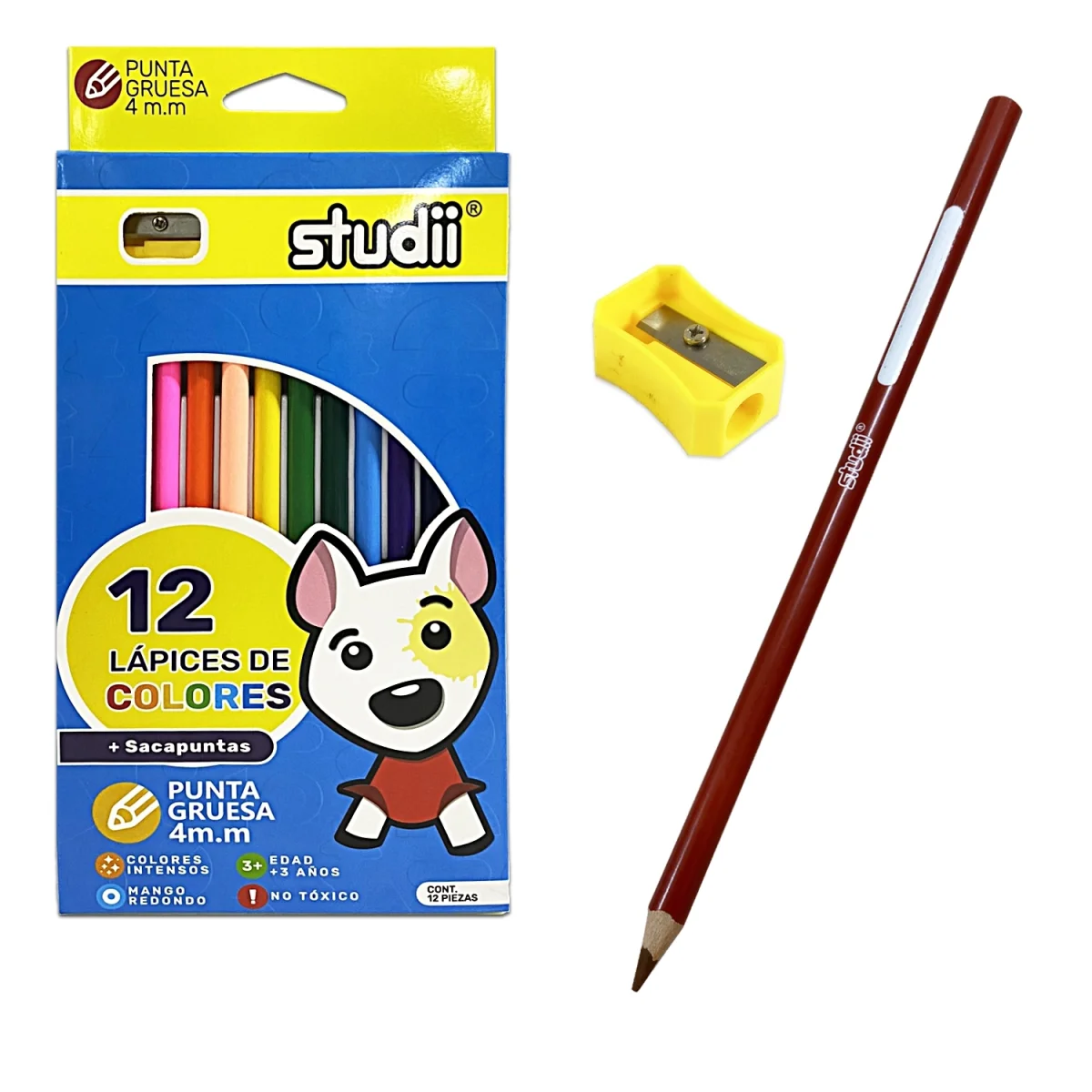 CAJA DE COLOR X12 CON SACAPUNTAS (PQTX12)