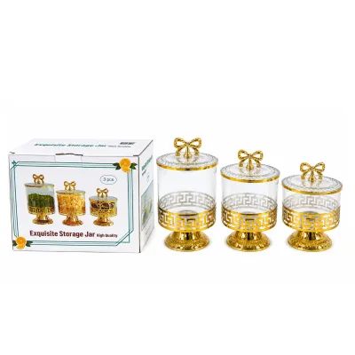 SET RECIPIENTE DORADO CON TAPA Y BASE X3