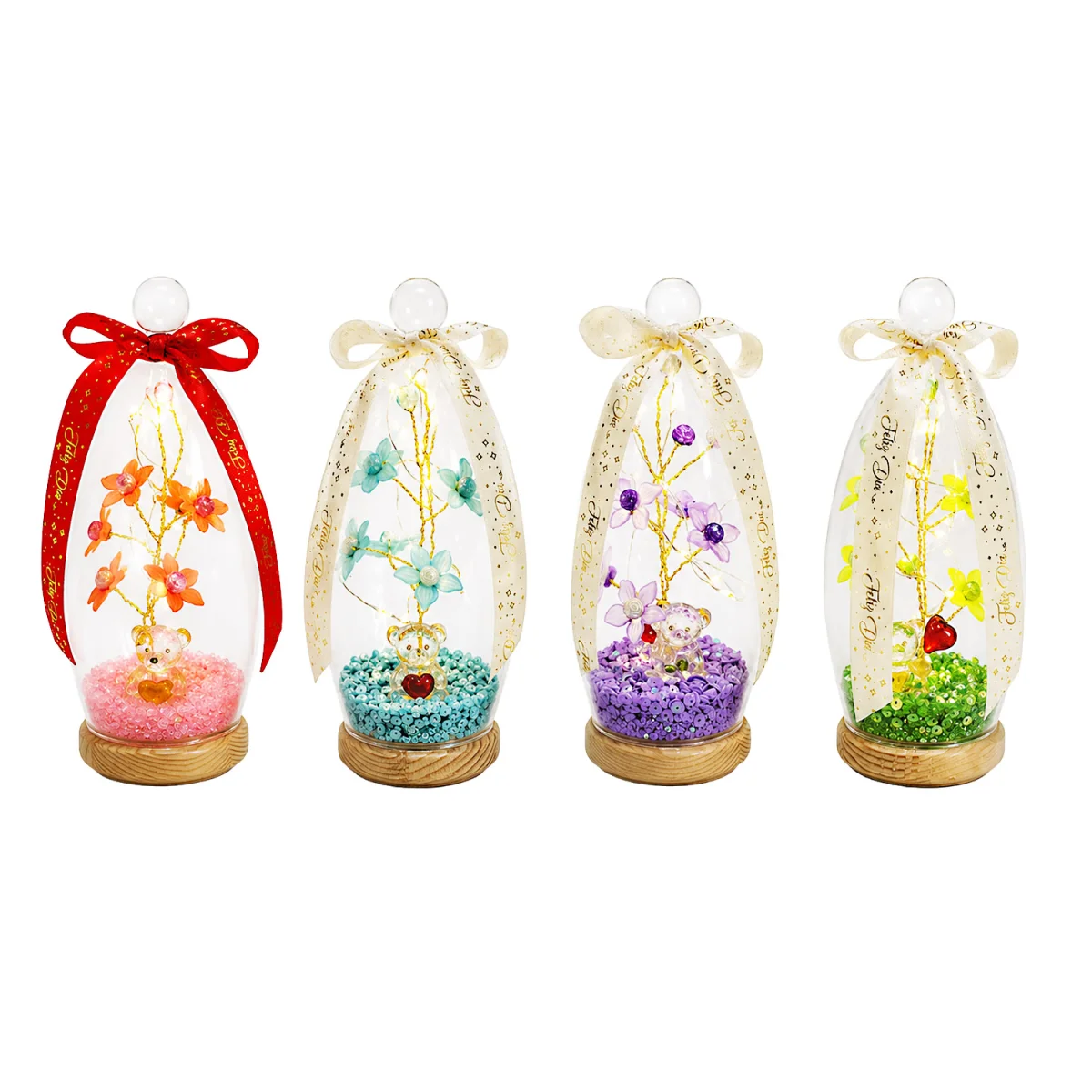 FLORES BRILLANTES CON OSO Y LUZ ENCAPSULADAS EN CRISTAL