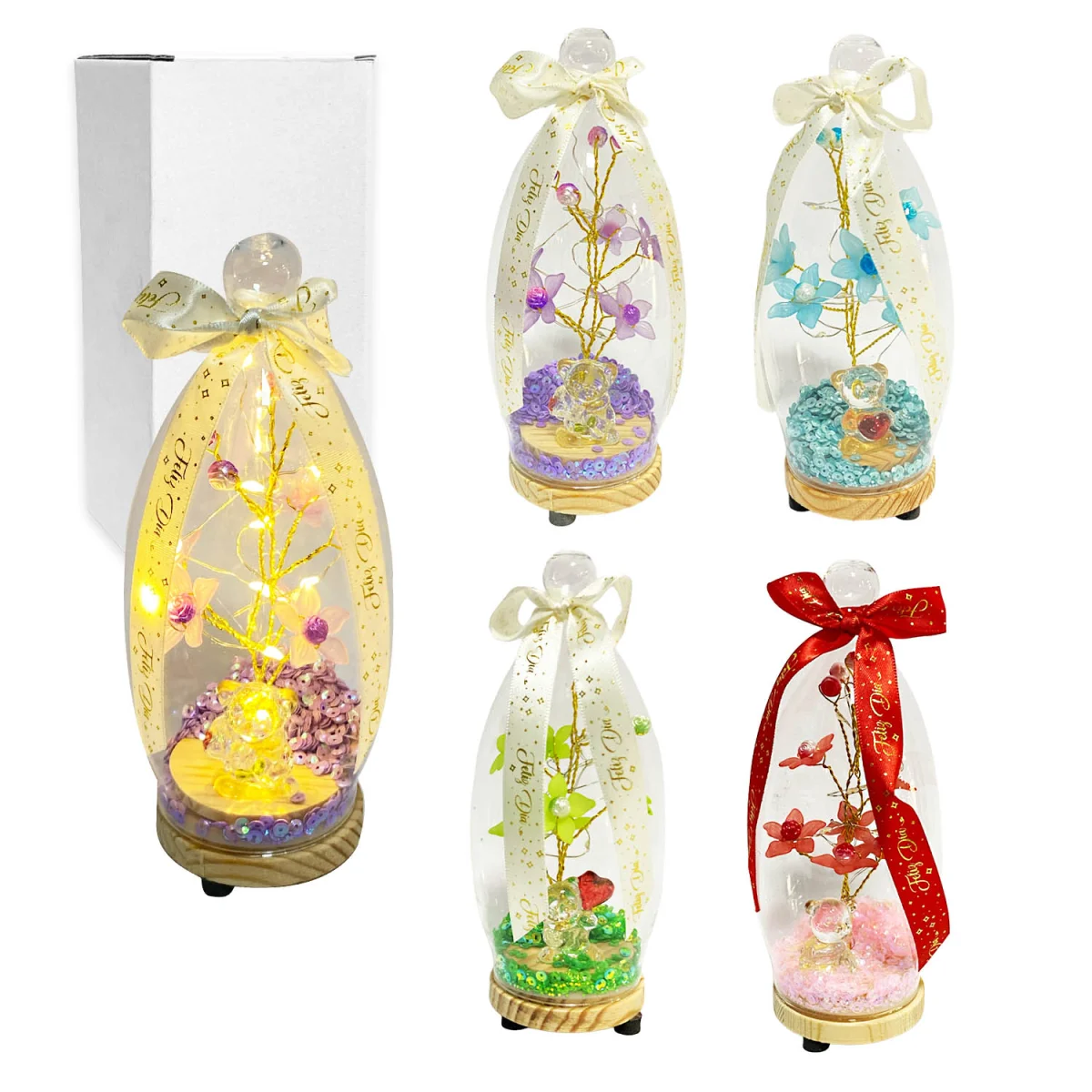 FLORES BRILLANTES CON OSO Y LUZ ENCAPSULADAS EN CRISTAL