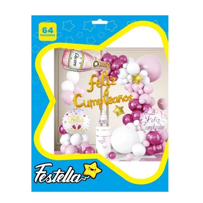 KIT GLOBO ORGANICO CHAMPAÑA FELIZ CUMPLEAÑOS X64PCS (PQTX12)