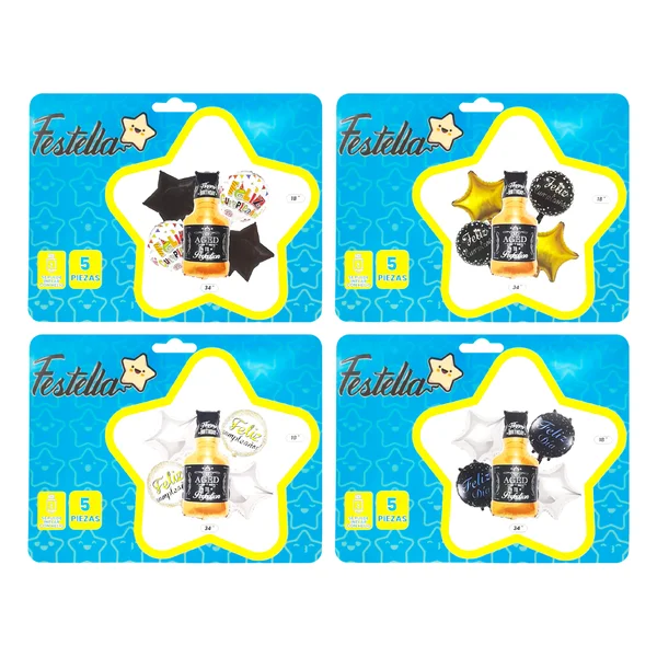 KIT GLOBO BOTELLA FELIZ CUMPLEAÑOS X5PCS
