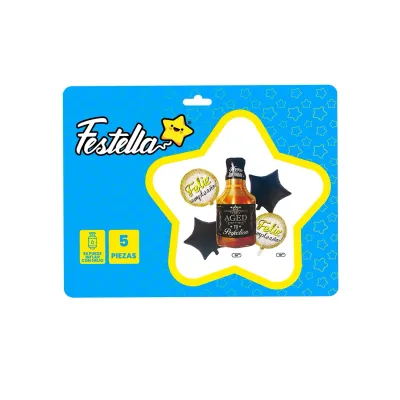 KIT GLOBO BOTELLA FELIZ CUMPLEAÑOS X5PCS