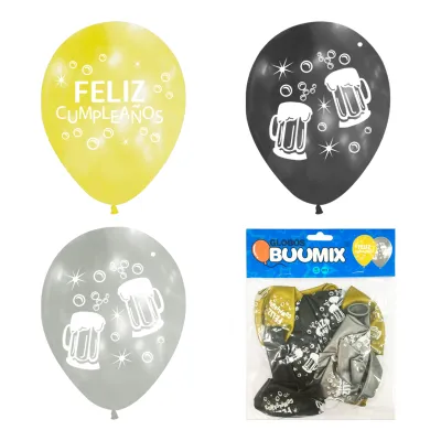 GLOBO DE LATEX CERVEZA FELIZ CUMPLEAÑOS R12X10 D-P-N(PQTX12)