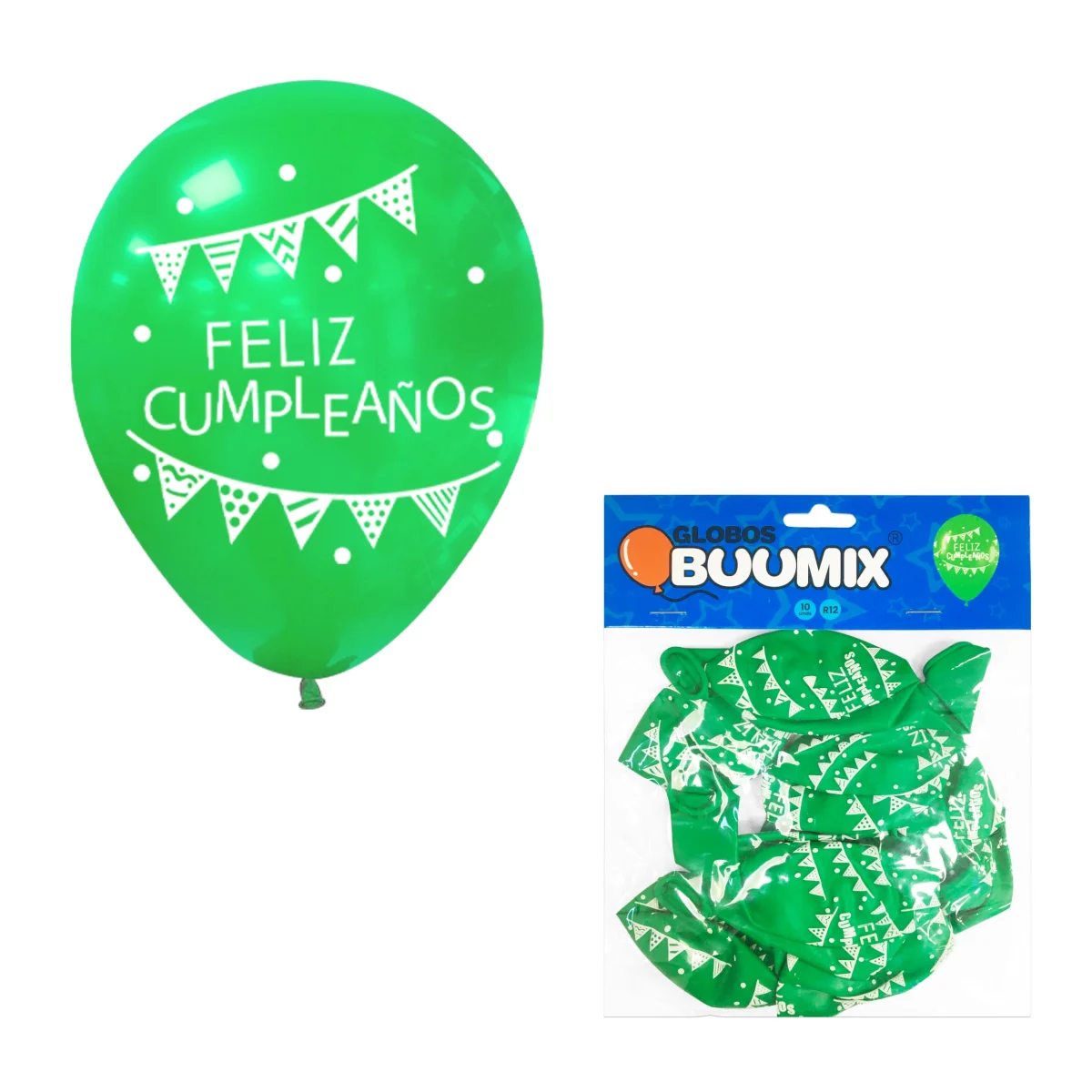GLOBO DE LATEX FELIZ CUMPLEAÑOS BANDERIN R12X10 VERDE (PQTX12)
