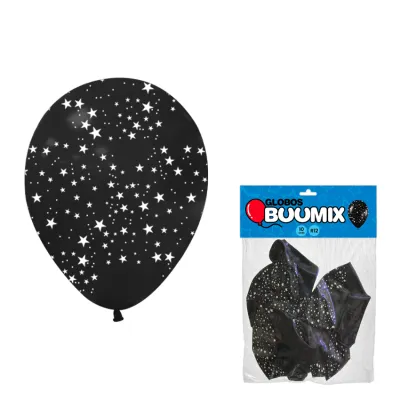 GLOBO DE LATEX ESTRELLA R12X10 NEGRO (PQTX12)