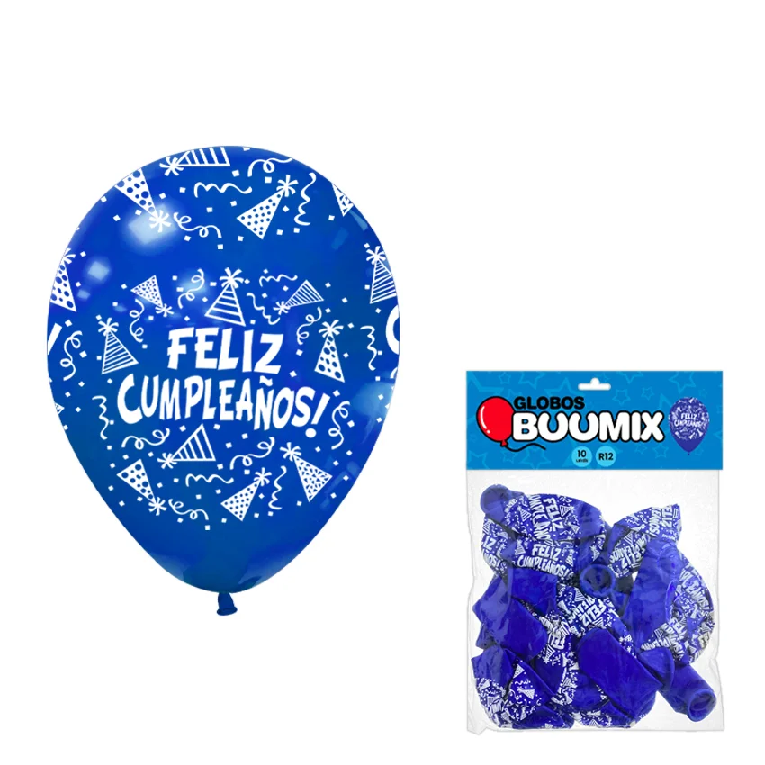 GLOBO DE LATEX FELIZ CUMPLEAÑOS R12X10 AZUL (PQTX12)