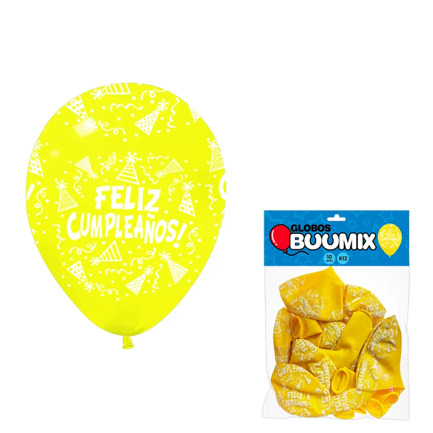 GLOBO DE LATEX FELIZ CUMPLEAÑOS R12X10 AMARILLO (PQTX12)