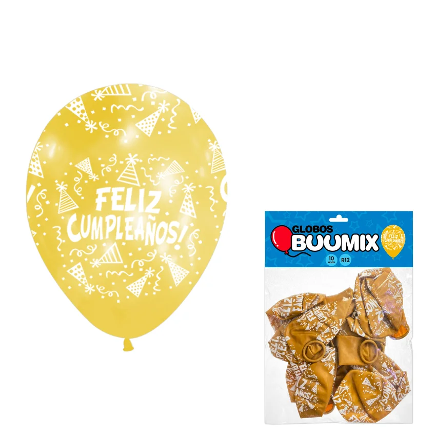 GLOBO DE LATEX FELIZ CUMPLEAÑOS R12X10 DORADO (PQTX12)