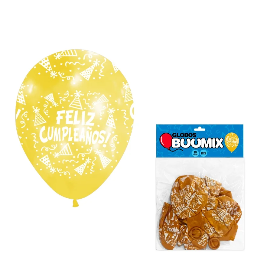 GLOBO DE LATEX FELIZ CUMPLEAÑOS R12X10 DORADO (PQTX12)