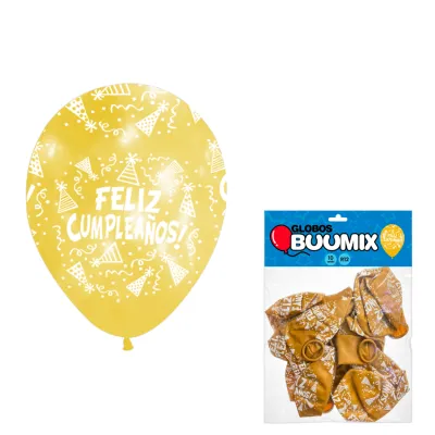 GLOBO DE LATEX FELIZ CUMPLEAÑOS R12X10 DORADO (PQTX12)