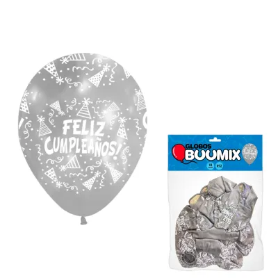 GLOBO DE LATEX FELIZ CUMPLEAÑOS R12X10 PLATEADO (PQTX12)