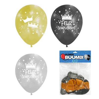 GLOBO DE LATEX CORONA FELIZ CUMPLEAÑOS R12X10 P-D-N (PQTX12)